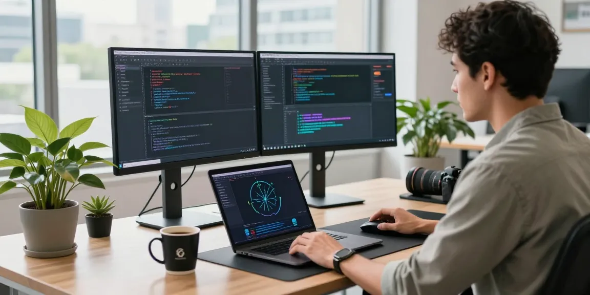 快连 developer optimizing network solutions in a bright tech workspace with dual monitors and city view.