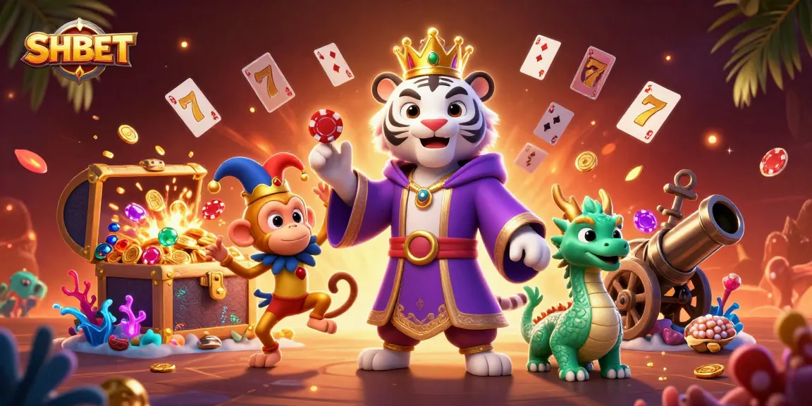 SHBET captivates players with a lively 3D casino scene featuring a tiger, monkey, and dragon gaming