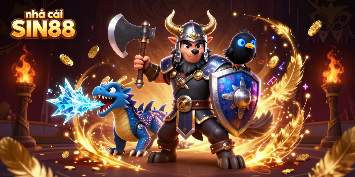 Engage with nhà cái SIN88 through a vibrant 3D illustration of a Viking warrior, dragon, and raven in an exciting gambling setting.