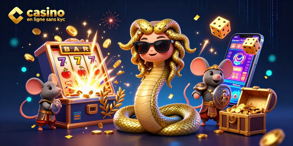 Casino en ligne sans KYC, jouez à des machines à sous avec Méduse et un guerrier souris dans une scène festive.