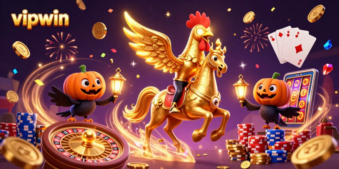 Win big with vipwin in a dynamic casino scene, featuring golden characters and casino elements.