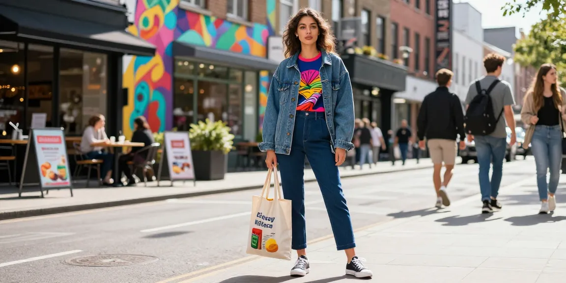 A fashionable individual in an urban setting showcasing batmanloyal.com style, with an eco-friendly shopping bag and vibrant city background.