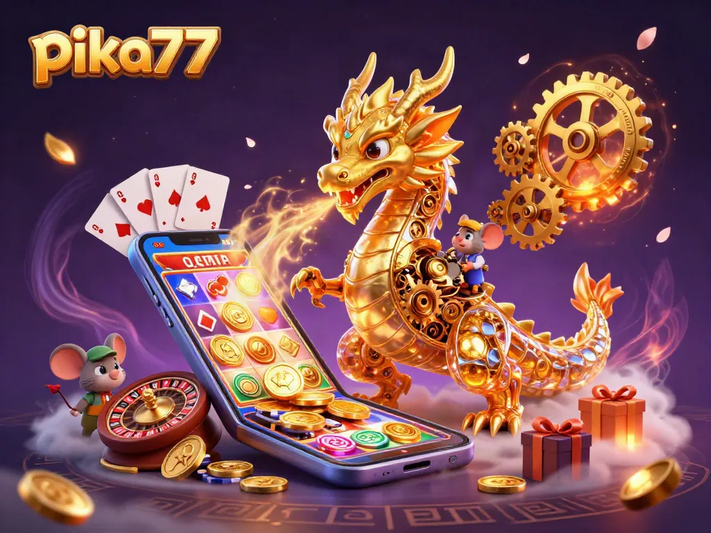 Win big at pika77 with a vibrant scene featuring a golden dragon, slot game action, and captivating casino elements.
