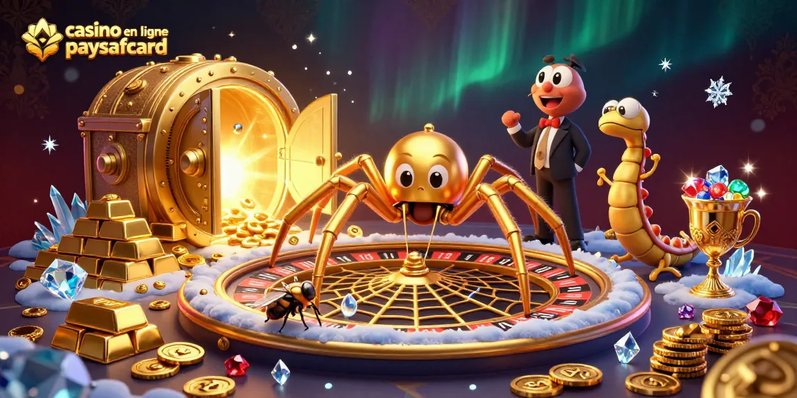 Images d'un casino en ligne paysafecard avec une araignée dorée et des trésors brillants.