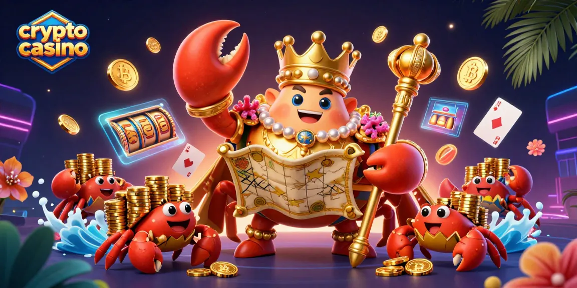 Jouez au crypto casino avec un crabe empereur doré et des pièces en Bitcoin dans une illustration dynamique.