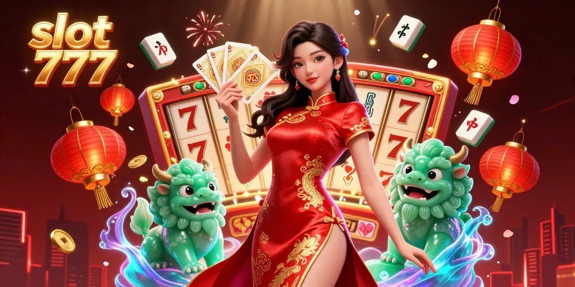 Engage with slot 777 excitement through vibrant 3D illustration featuring Chinese-style characters and casino elements.