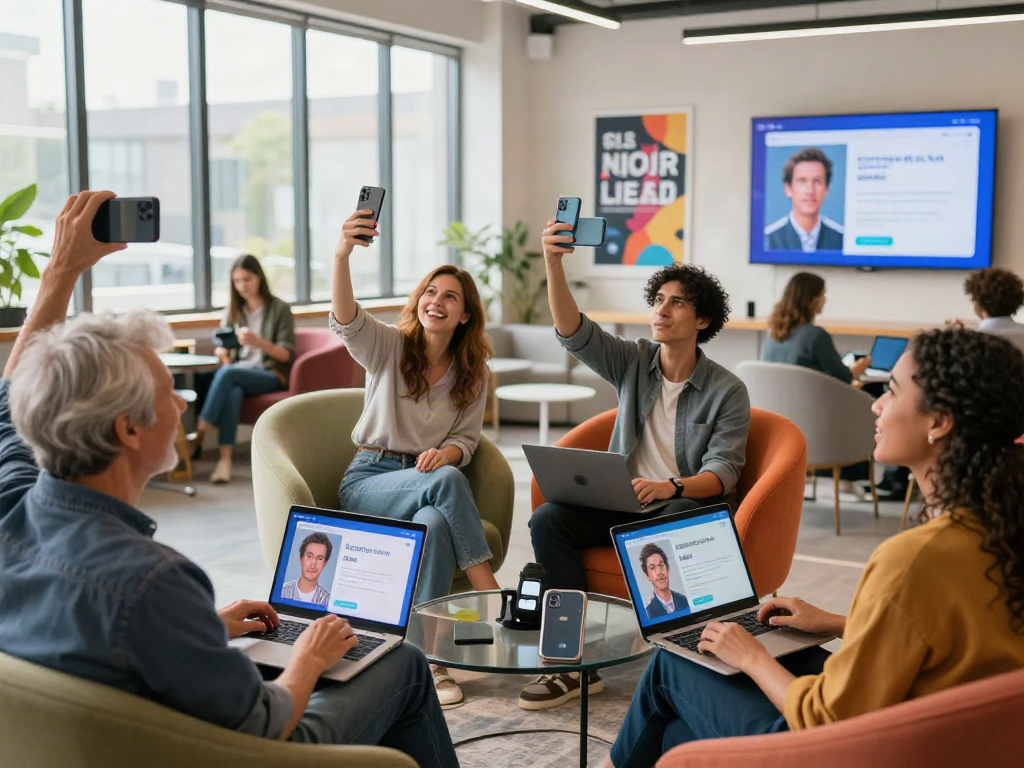 Users discovering how old do I look through an AI tool in a vibrant tech hub.
