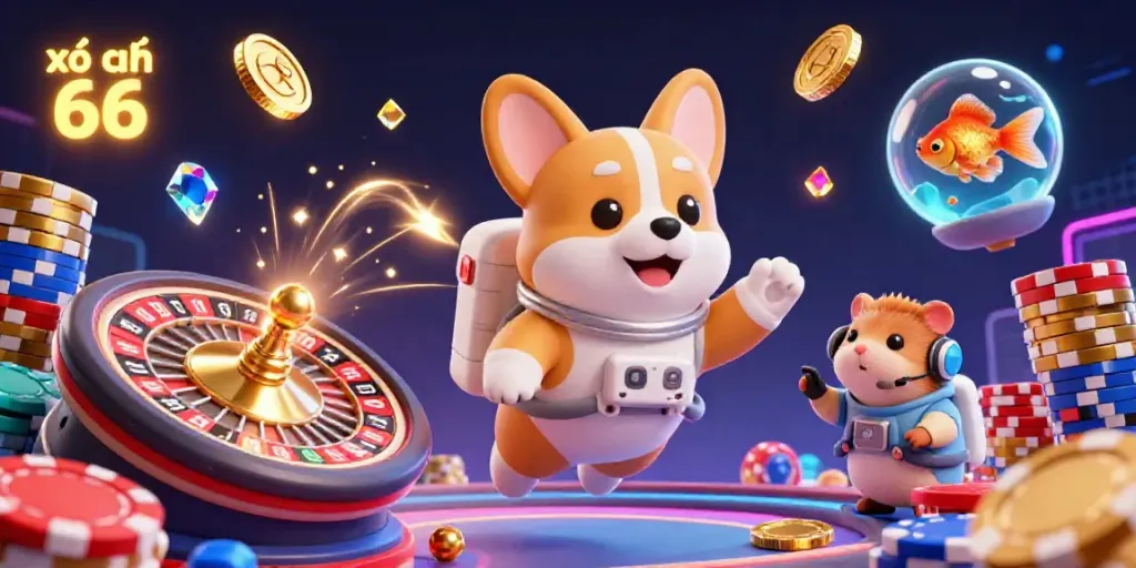 Experience the excitement of xổ số 66 with this vibrant casino scene featuring animated characters and dynamic gambling elements.