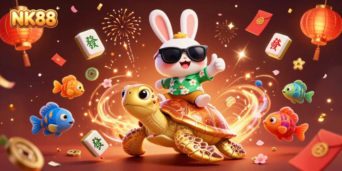 Experience NK88's vibrant casino world with the lucky rabbit and golden turtle celebrating wins.