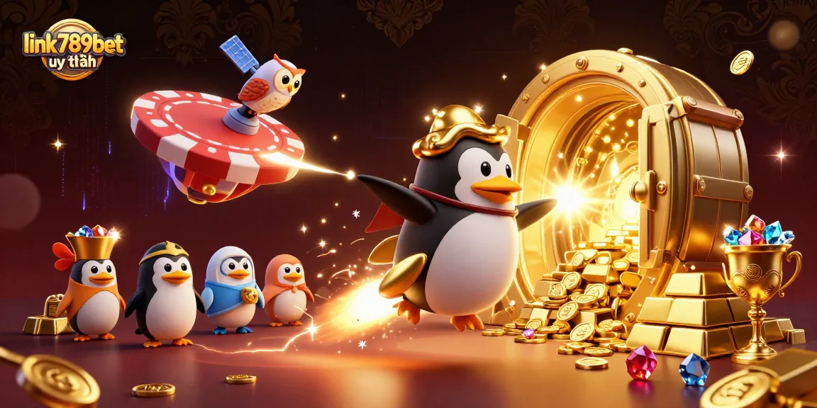 Join the excitement at link 789bet uy tín with a vibrant casino scene featuring a golden penguin and treasures.