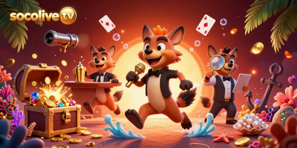 Socolive TV hyenas perform comedy in a lively casino scene filled with gold coins and gems.