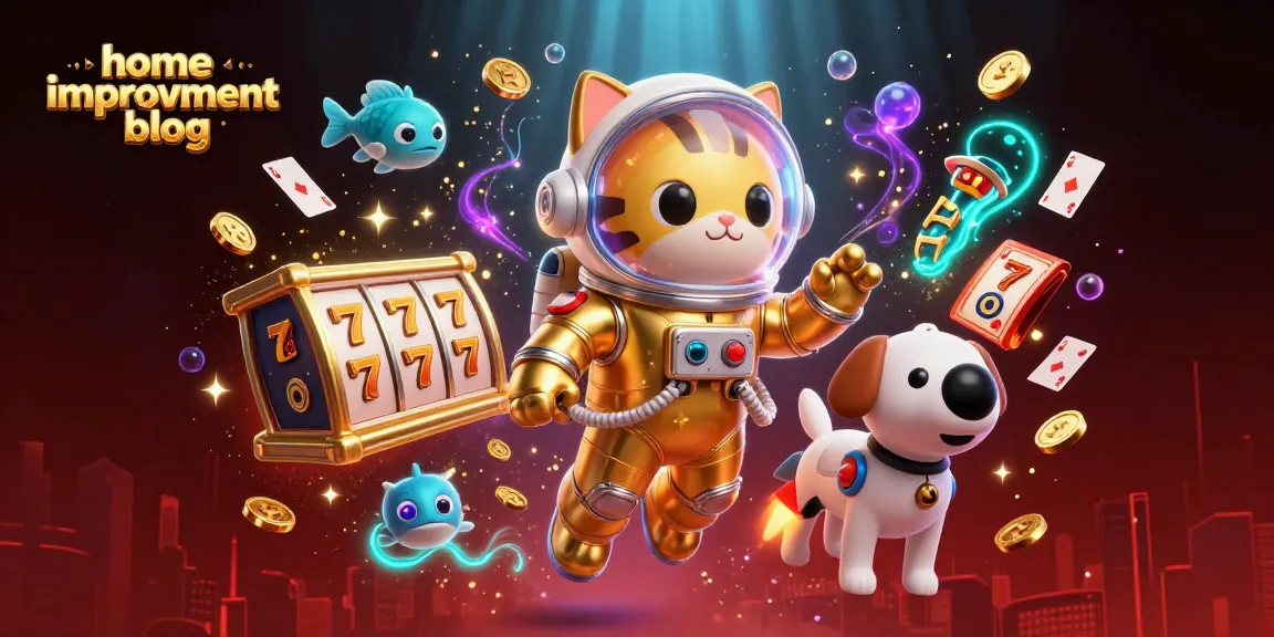 The home improvement blog showcases an engaging 3D scene with a space cat, robot dog, and vibrant casino elements like slot reels, enhancing the gambling experience.