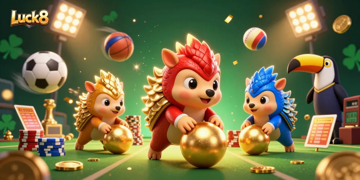 Luck8 pangolins competing in a vibrant casino scene complete with sports elements and golden details.