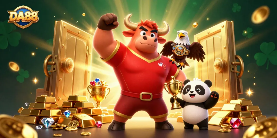 Win big with DA88 as casino icons celebrate in a vibrant 3D scene filled with treasures.