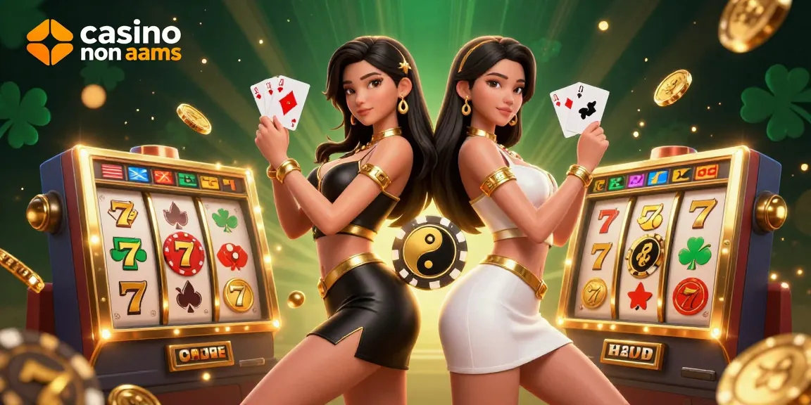Immergiti nell'emozione dei casinò non AAMS attraverso questa vivace illustrazione che presenta due donne asiatiche che celebrano con carte da gioco e simboli di jackpot.