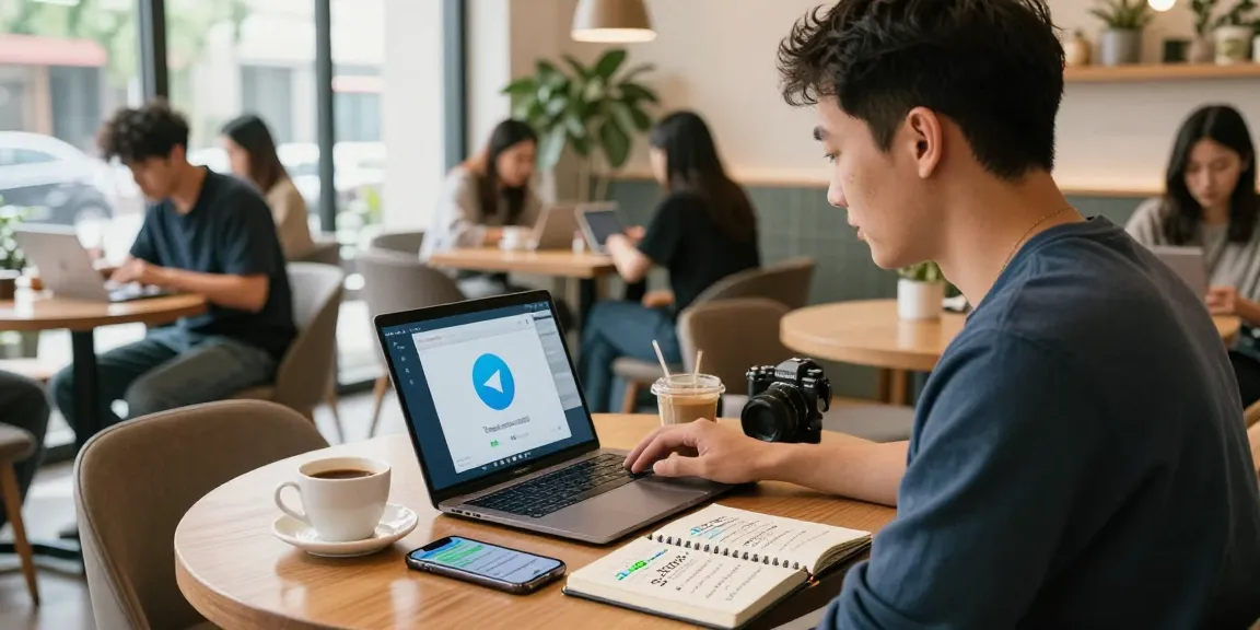 Explore the telegram china solution with a digital nomad accessing Telegram via VPN in a vibrant cafe.