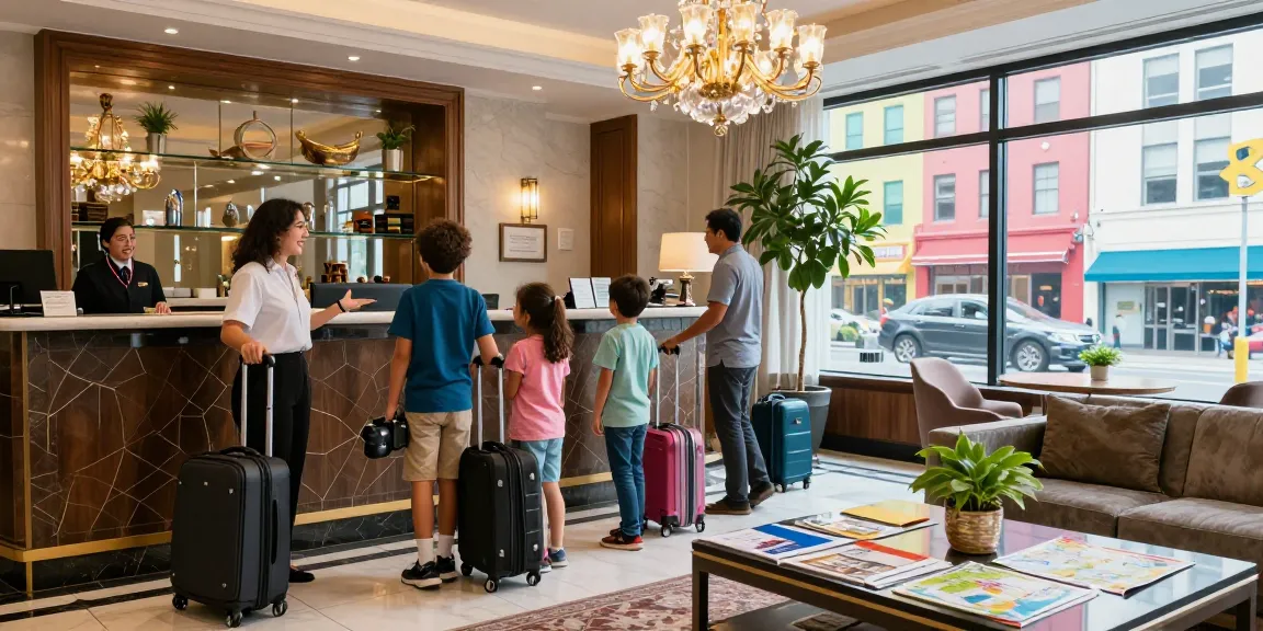 Family checking into https://www.carterhotel.com with friendly staff and vibrant city view in the background.