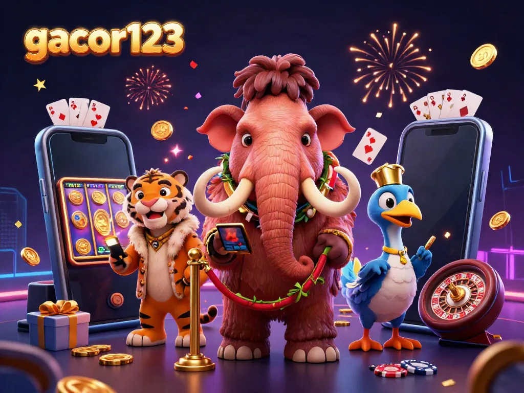 Experience the excitement of gacor123 with a vibrant casino scene featuring a woolly mammoth bouncer, saber-tooth tiger guest, and dodo bird doorman.