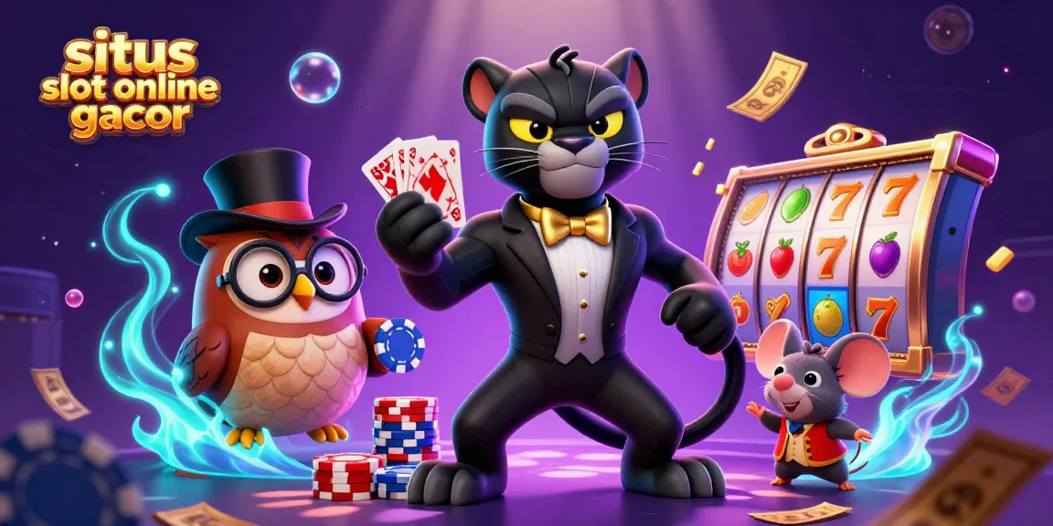 Situs slot online gacor menampilkan ilustrasi 3D kartun panther, burung hantu, dan tikus beruntung di kasino.