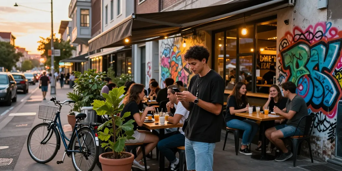 Vibrant urban lifestyle scene with rokok88 branding at social café during sunset.