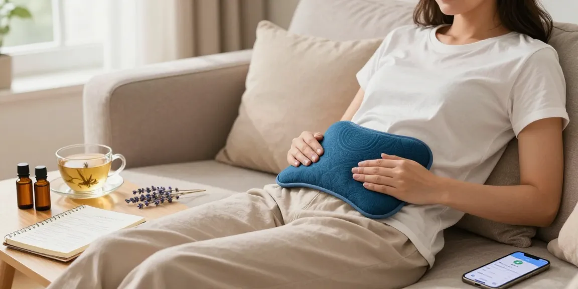Soothing setup for لتخفيف آلام الدورة الشهرية بسرعة with herbal teas, heating pad, and relaxation items.
