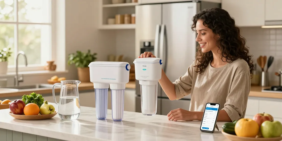 Person selecting Waterdrop Replacement filter for Frigidaire® & Electrolux® Paultra® Refrigerator Air Filter in a bright kitchen