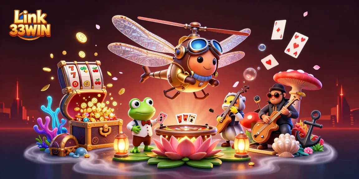 Engage with Link 33WIN at a vibrant underwater casino, featuring a frog croupier and slot reels.