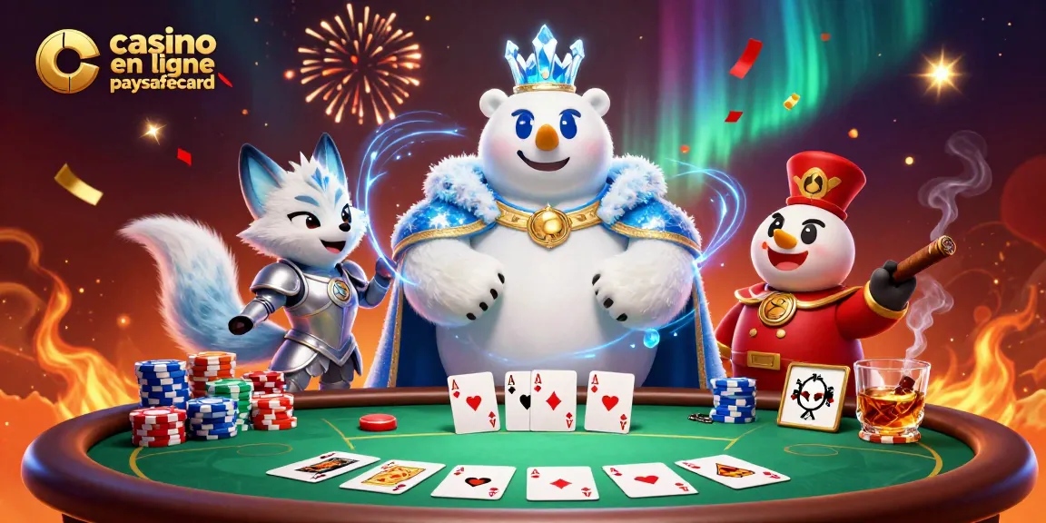 Profitez des jeux au casino en ligne paysafecard avec ce visuel captivant mettant en valeur un ours polaire et un renard.