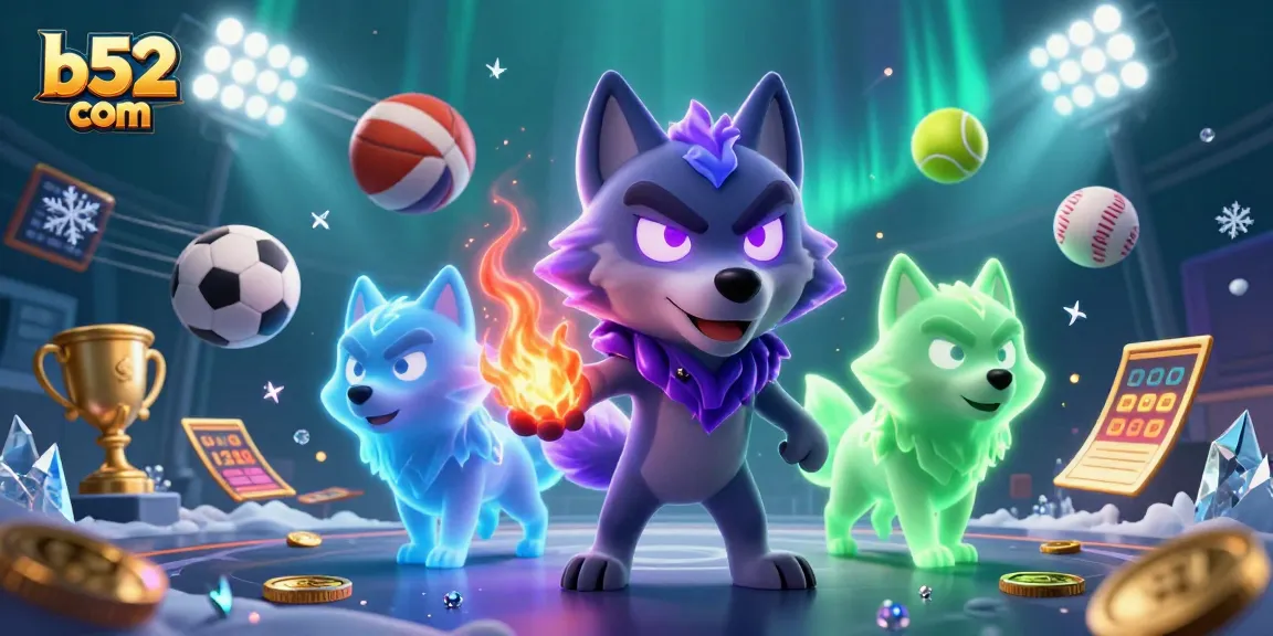 Experience the thrill of b52 com with dynamic sports betting illustrations showcasing ghostly wolf characters.