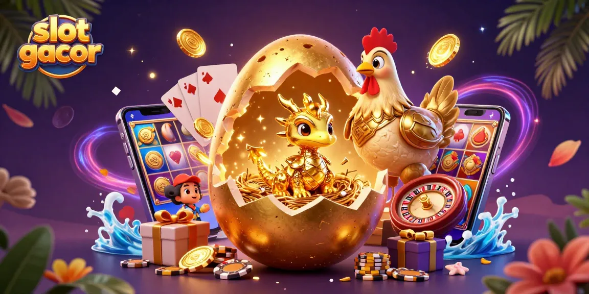 Experience slot gacor excitement with a golden dragon in a poker chip nest, surrounded by vibrant casino elements.