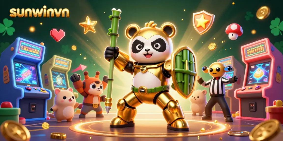 Engage with sunwinvn in an electrifying casino scene featuring golden panda and arcade elements.