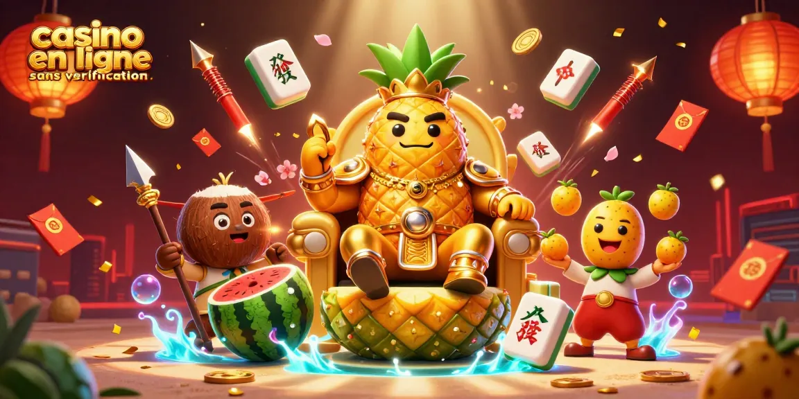 Découvrez un casino en ligne sans vérification avec un roi ananas en 3D et ses gardes, entouré de jeux et décorations.
