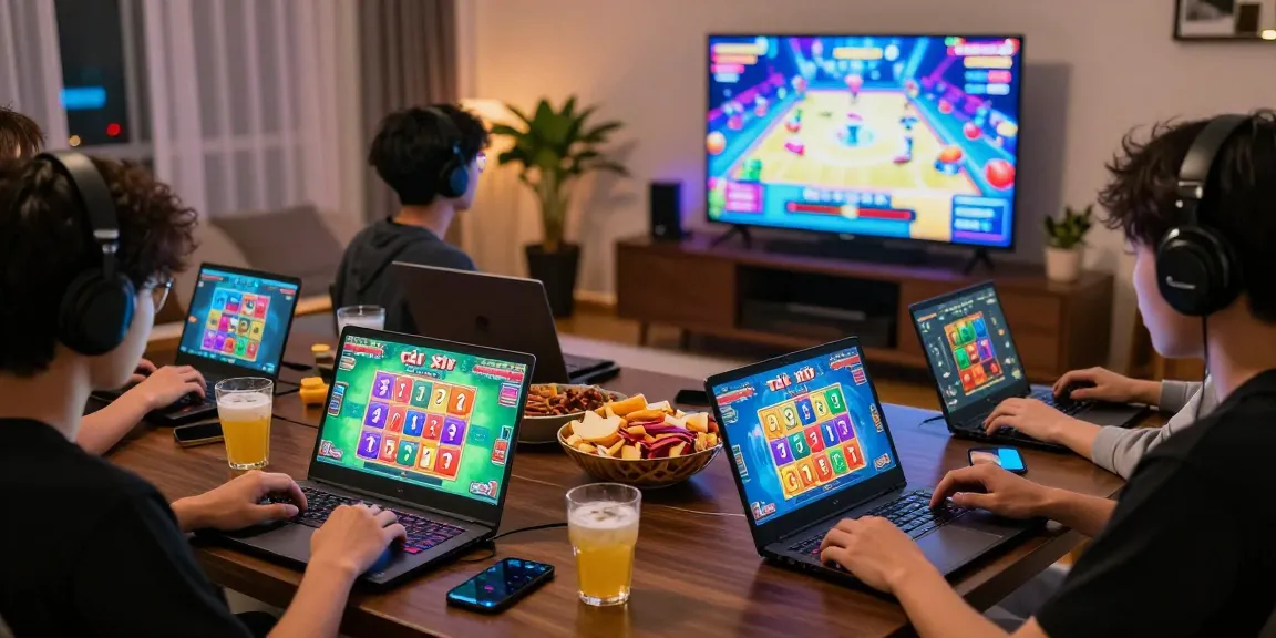 Players enjoying 68gamebai online with colorful graphics and snacks in a cozy setting.
