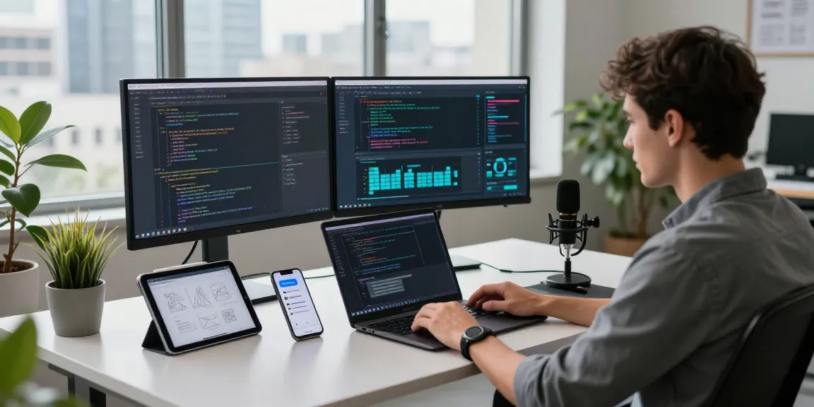 Engaged developer at modern workspace using telegraimin.com to code and analyze data.