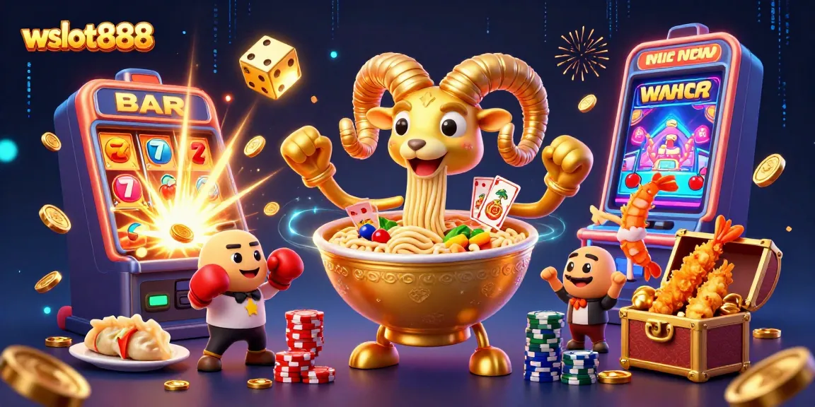 Permainan menarik di wslot888 dengan gulungan slot emas dan karakter kartun 3D yang penuh semangat.