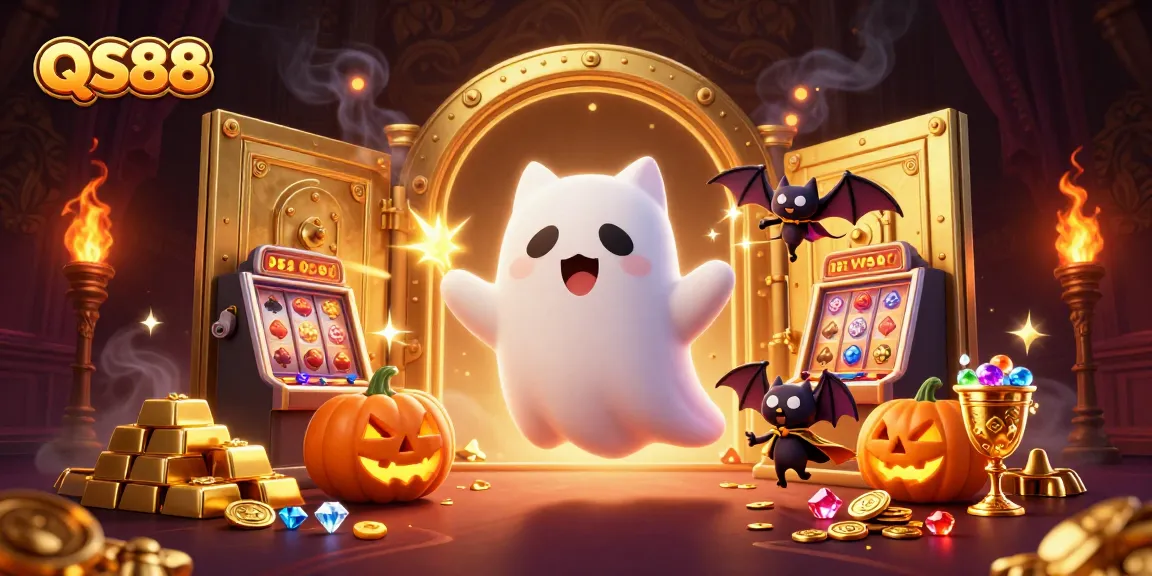 Engage with QS88's spooky casino adventure featuring a ghost cat, treasure vaults, and glowing jack-o-lanterns.