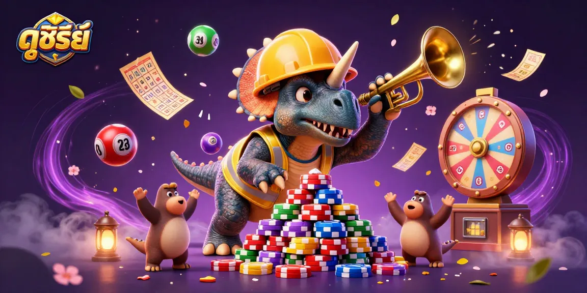 Engage in ดูซีรี่ย์ with exciting lottery balls, poker chips, and winning elements in a dynamic casino scene.