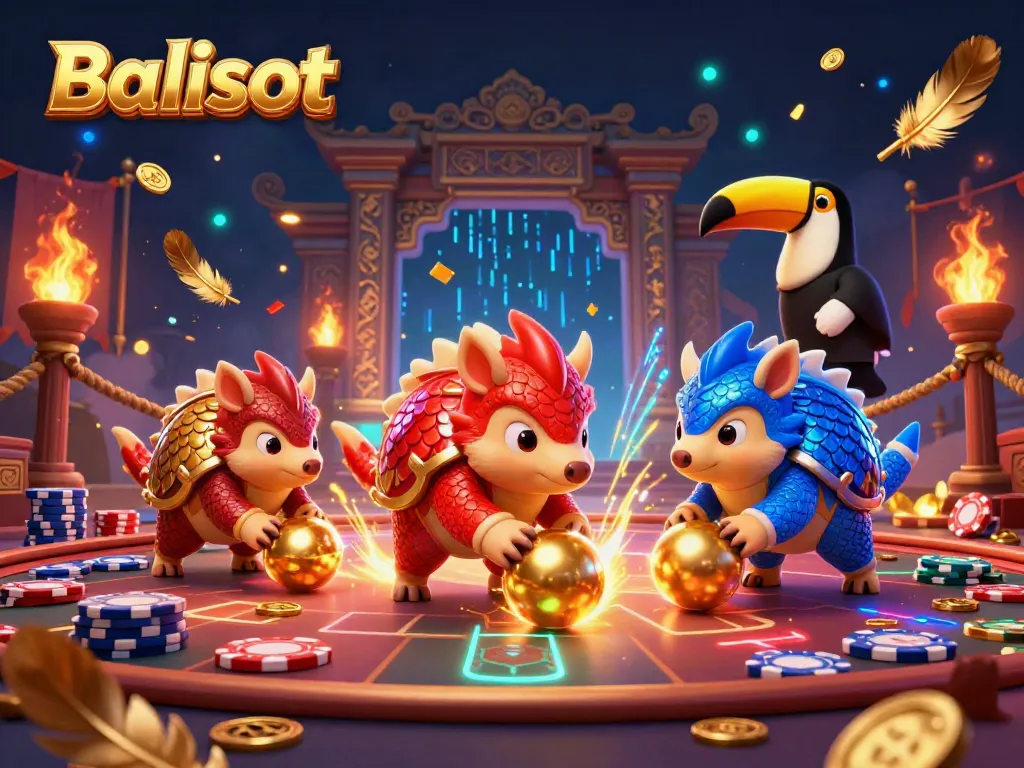 Experience thrilling gameplay with Balislot as rival pangolins bowl through poker chips in a vibrant casino scene.