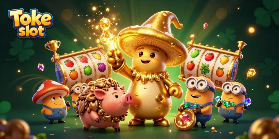 Experience the excitement of Toke slot with a dynamic scene of cartoon characters amidst vibrant slot reels and gold coins.