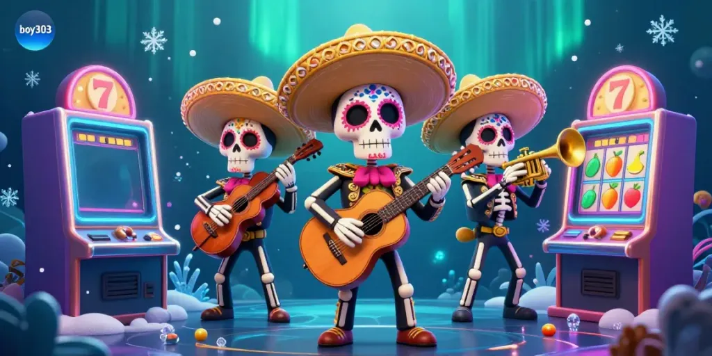 Experience the vibrant spirit of boy303 with a festive skeleton mariachi band in a lively casino setting.