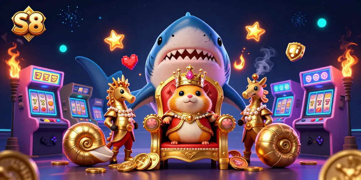 Experience S8's gaming excitement with a golden hamster king amidst dynamic casino elements.