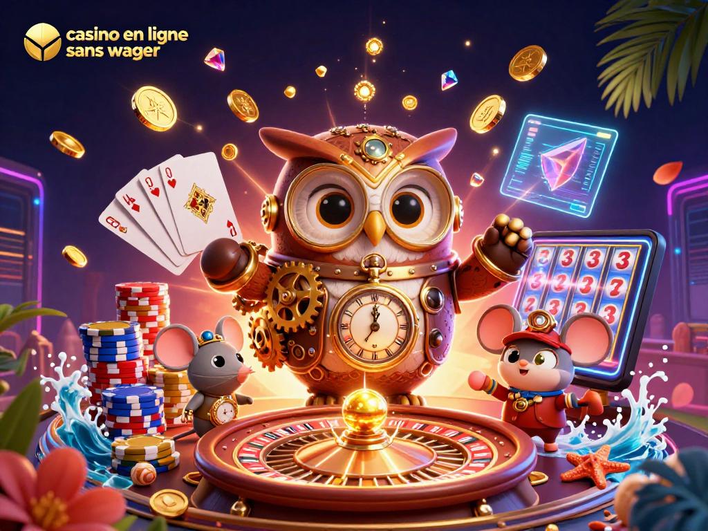 Profitez de l'excitation du casino en ligne sans wager avec un hibou en steampunk et des éléments de jeu.