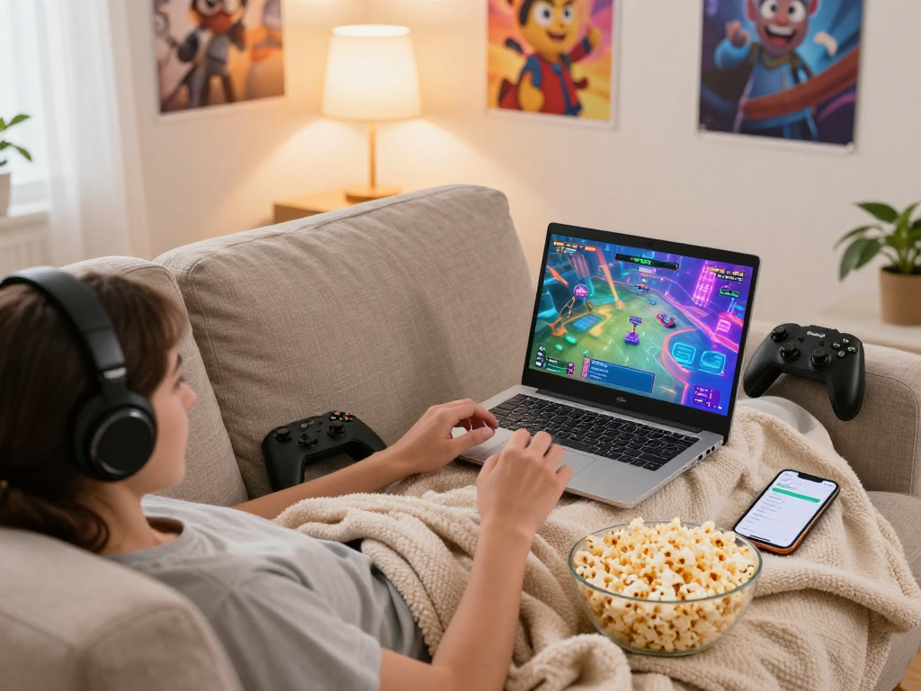 Engaging in fun porngames on a laptop in a cozy setting.