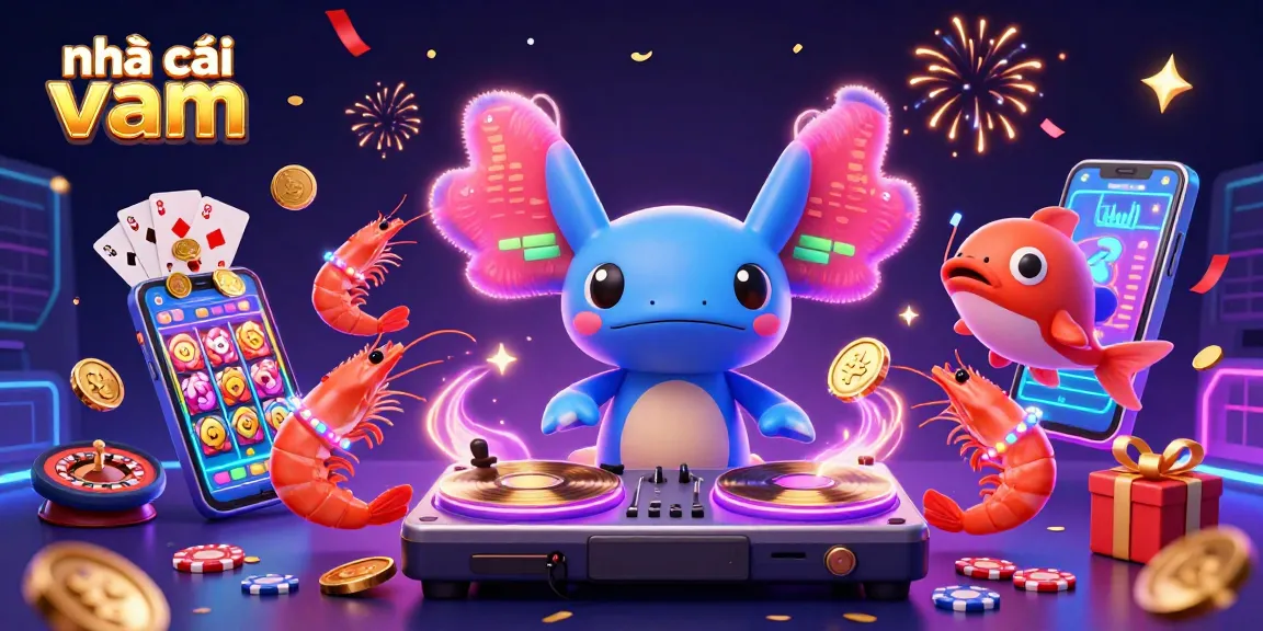 Engage with nhà cái vmax's vibrant gaming world featuring a neon axolotl DJ, dancing shrimp, and a glowing casino theme.