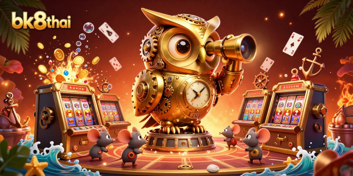 Experience the thrilling moment at bk8thai as the golden owl oversees a bustling casino scene.