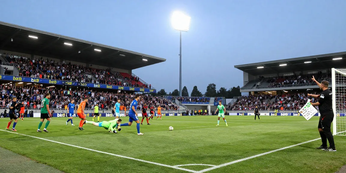 Exciting football match scene featuring bk8 sponsorship with players in action.