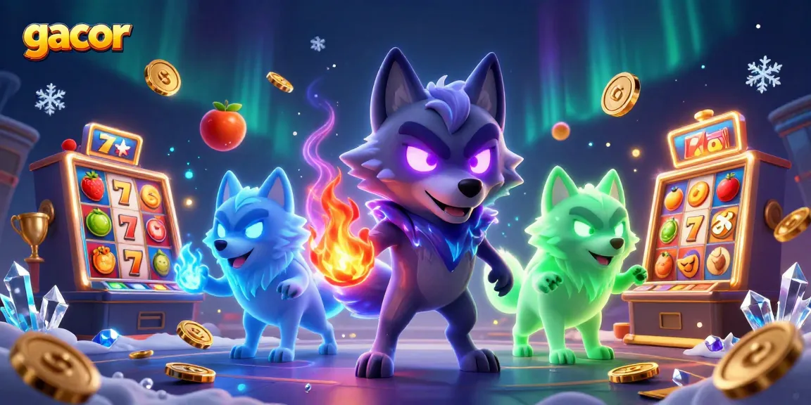 Play gacor slots with the dynamic shadow wolf pack amidst sparkling slots and coins.