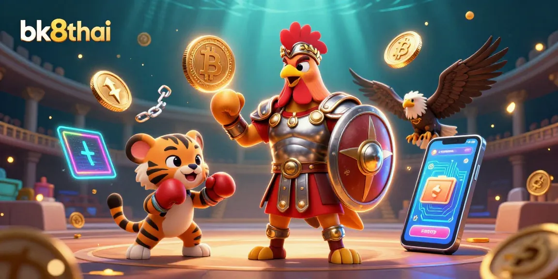 Engage with bk8thai's vibrant gaming atmosphere featuring a spirited rooster champion in a dynamic casino arena.