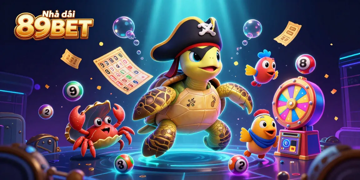 Experience the thrill of Nhà cái 89BET with an exciting illustration of a pirate turtle adventure in a treasure-filled scene.