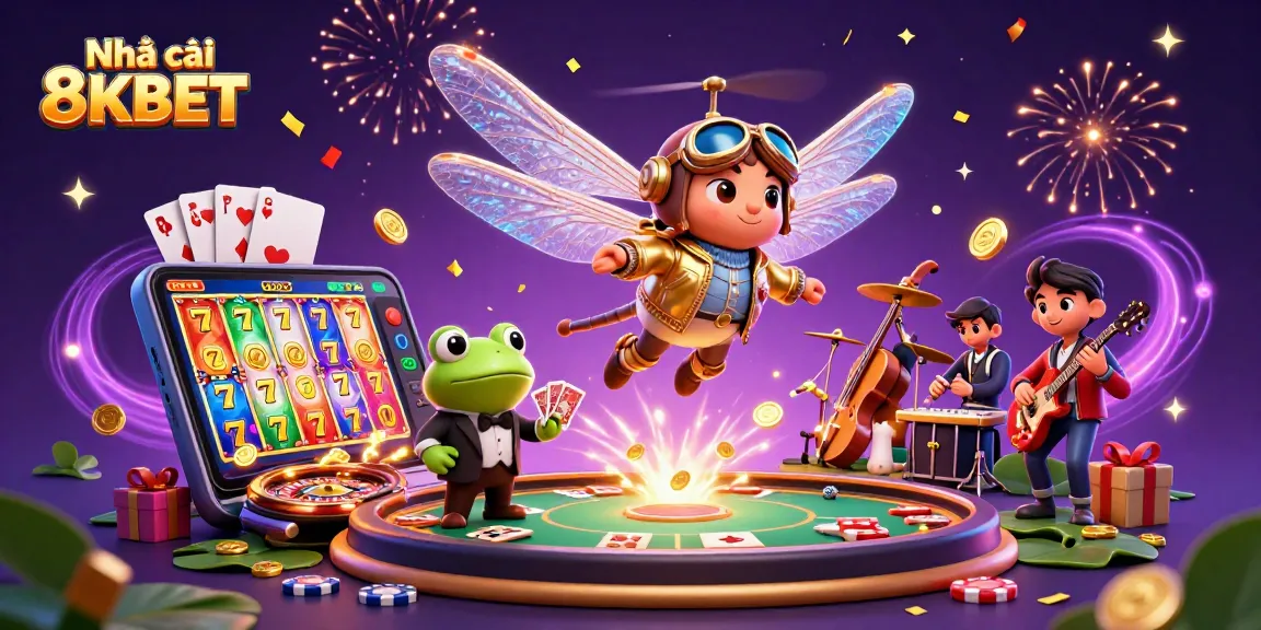 Engage in fun gameplay at Nhà cái 8KBET with a vibrant illustration of a dragonfly pilot and frog croupier.